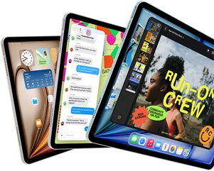 Three iPad Air displays in fan-like arrangement, colors: Blue, Purple, Starlight, front exterior, side exterior, apps on screen display include Keynote app, Messages, and Home Screen