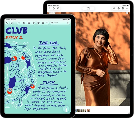 Two iPad Air, sizes: 11-inch and 13-inch, 11-inch shows colorful text on the Notes app, 13-inch screen shows a photo of a person on the Photos app