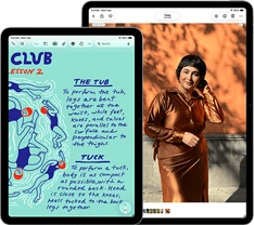 Two iPad Air, sizes: 11-inch and 13-inch, 11-inch shows colorful text on the Notes app, 13-inch screen shows a photo of a person on the Photos app