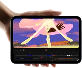 جهاز iPad&nbsp;mini، محمول باليد، الجهة الأمامية، يعرض واجهة لتعديل الفيديوهات مع مقاطع ملونة، شريحة A20&nbsp;Pro مذكورة أدناه