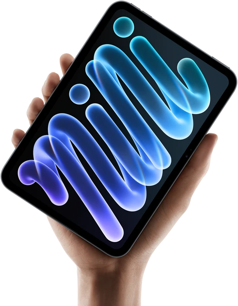 جهاز iPad&nbsp;mini، الجهة الأمامية، محمول باليد، هيكل أسود، شاشة تعرض أشكالاً تجريدية بلون أزرق وليلكي