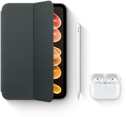 iPad mini, displayed with compatible accessories including Smart Folio for iPad mini (A20 Pro), Apple Pencil USB-C, and AirPods Pro 3