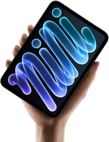 iPad mini, front view, held in hand, black enclosure, displaying blue and purple abstract shapes on screen