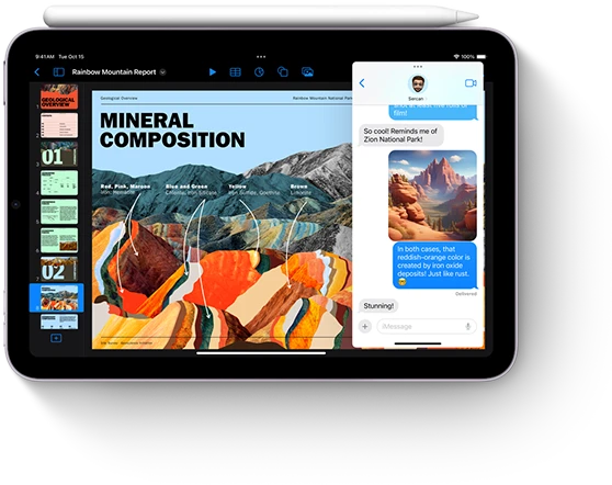 iPad&nbsp;mini معروض في وضع أفقي مع قلم Apple وُضع على الجزء العلوي منه. تُبرز الشاشة قدرات تعدد المهام وميزات Apple&nbsp;Intelligence الجديدة في iPad&nbsp;mini.‏