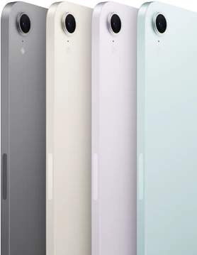 صورة تعرض الجهة الخلفية والكاميرا لأربعة من موديلات iPad&nbsp;mini بألوانه المتوفرة: الرمادي الفلكي، وضوء النجوم، والليلكي، والأزرق