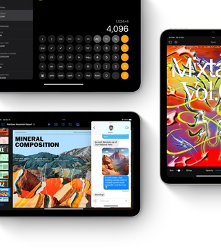 Three iPad mini displays showing iPadOS and apps features