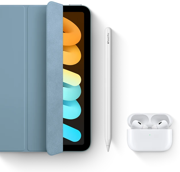 iPad mini is shown in use with Smart Folio, Apple Pencil Pro and AirPods Pro
