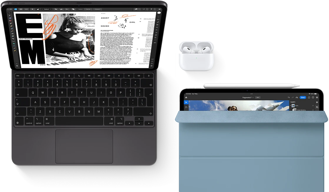 iPad Pro with Magic Keyboard, Airpods Pro. Another iPad with Apple Pencil and Smart Folio