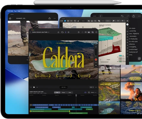 iPad Pro, front exterior, landscape orientation, space black color, Apple Pencil resting atop device, display showing multiple app windows tiled, including Final Cut Pro with multiple video editing features and timeline, Maps, Notes, and various media clips