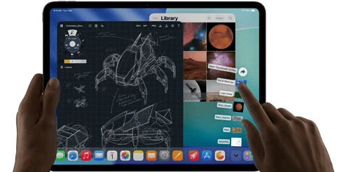 iPad Pro, space black color, left hand holding device, right hand pointing gesturing to manipulate multiple open app windows, a drawing app with sketches of mechanical designs, photos library of planets and space images, downloads folder files fanned out