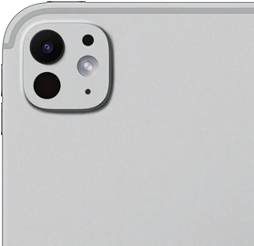 iPad Pro, back exterior, silver color, pro camera system with five-element lens and adaptive true tone flash