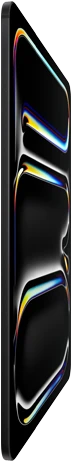 iPad Pro, front exterior, space black color, aluminum and glass enclosure, thin profile, tilted back with display showing multicolored line art