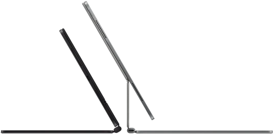2 iPad Pro devices attached to Magic Keyboard, side exterior, thin profile, space black color with speakers and USB-C port, tilted half open, silver color, open, tilted back showing the keyboard’s floating cantilever design, speakers and microphone