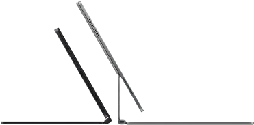 2 iPad Pro devices attached to Magic Keyboard, side exterior, thin profile, space black color with speakers and USB-C port, tilted half open, silver color, open, tilted back showing the keyboard’s floating cantilever design, speakers and microphone