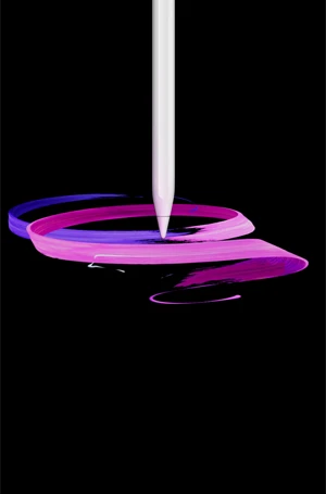 Apple Pencil Pro, front exterior, portrait orientation, side profile, white color, drawing abstract purple and pink ribbons design