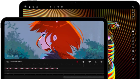 13-inch iPad Pro and 11-inch iPad Pro, front exterior, landscape orientation, space black color, rounded corners, black display bezel, 11-inch display showing a vibrant image of a character with red hair, 13-inch display showing colorful photo editing interface elements