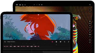 13-inch iPad Pro and 11-inch iPad Pro, front exterior, landscape orientation, space black color, rounded corners, black display bezel, 11-inch display showing a vibrant image of a character with red hair, 13-inch display showing colorful photo editing interface elements