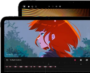 13-inch iPad Pro and 11-inch iPad Pro, front exterior, landscape orientation, space black color, rounded corners, black display bezel, 11-inch display showing a vibrant image of a character with red hair, 13-inch display showing colorful photo editing interface elements