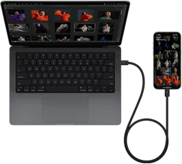 iPhone 15 Pro Max connected to MacBook Pro 14-inch with USB-C