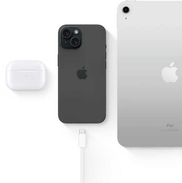iPhone 15 with USB-C connector showing same connector can be used with AirPods Pro and iPad