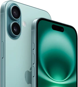 صورة لجهاز iPhone&nbsp;16&nbsp;Plus وجهاز iPhone&nbsp;16 تعرض زر الإجراءات مع زرّي ضبط مستوى الصوت والزر الجانبي ووحدة التحكم في الكاميرا والشاشة الأمامية التي تغطي الواجهة بالكامل وميزة Dynamic&nbsp;Island في الوسط بالقرب من أعلى الشاشة، والجانب الخلفي الخارجي باللون الفيروزي ونظام الكاميرا المزدوجة المتطور النافر في الزاوية اليسرى العلوية وشعار Apple في الوسط