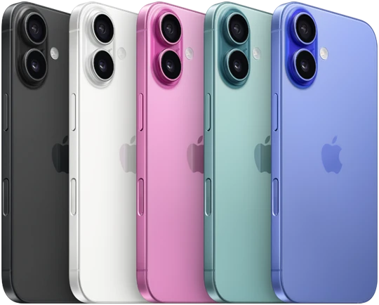iPhone 16, back exterior, raised Advanced dual-camera system, Apple logo in center, all five finishes, Black, White, Teal, Pink, Ultramarine