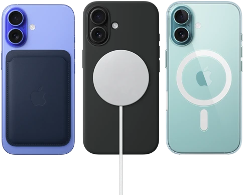 Three iPhone 16 devices, back exterior, with MagSafe accessories attached: iPhone FineWoven MagSafe Wallet, MagSafe Charger with Silicone Case, and iPhone Clear MagSafe Case