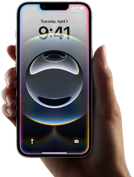 A hand holds iPhone 16e, light, colorful, glow along edge of all-screen display