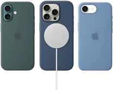 Various iPhone MagSafe accessories. iPhone 16 Silicone Case with MagSafe, Lake Green, iPhone 16 Pro Silicone Case with MagSafe, Denim, connected to MagSafe charger, white, iPhone 16e Silicone Case, Winter Blue