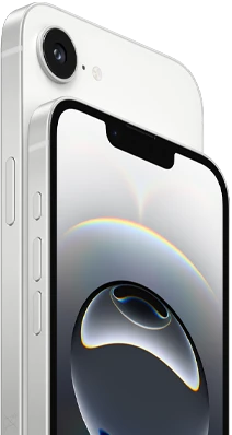 Side view of iPhone 16e in White finish, side exterior, action button, volume buttons and back Fusion camera
