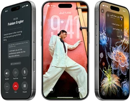 3 موديلات iPhone&nbsp;17&nbsp;Pro، الجزء الأمامي الخارجي، جنباً إلى جنب، تعرض نظام iOS&nbsp;26، وتأثير Liquid&nbsp;Glass، وميزة Apple&nbsp;Intelligence‏