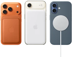iPhone&nbsp;17&nbsp;Pro، الجزء الخلفي الخارجي، لون برتقالي كوني، مع حافظة من السيليكون بلون بنّي سيينا ومحفظة من نسيج محبوك مع MagSafe بلون برتقالي دافئ؛ iPhone&nbsp;Air، الجزء الخلفي الخارجي، لون أبيض سحابي، مع بطارية Magsafe؛ iPhone&nbsp;17، الجزء الخلفي الخارجي، لون أزرق ضبابي، مع حافظة من السيليكون بلون أزرق حديدي وشاحن MagSafe‏