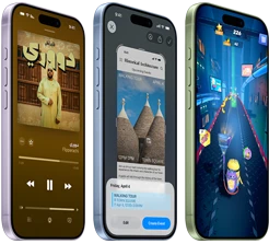 أجهزة iPhone&nbsp;17، الجزء الأمامي الخارجي، الجزء الجانبي الخارجي، تعرض Apple&nbsp;Music، الذكاء المرئي، الألعاب، الأزرار: زر الإجراءات، زرّا مستوى الصوت