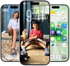 iPhone&nbsp;17، الجزء الأمامي الخارجي، Dynamic&nbsp;Island في الوسط قرب الجهة العلوية، ثلاثة ألوان: أزرق ضبابي، وليلكي ناعم، وأخضر رمادي
