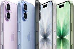 iPhone 17، الجزء الأمامي الخارجي، الجزء الخلفي الخارجي، الجزء الجانبي الخارجي، الألوان الخمسة: ليلكي ناعم، وأزرق ضبابي، وأسود، وأبيض، وأخضر رمادي