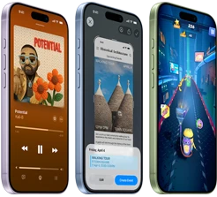 iPhone 17 devices, exterior front, exterior side, demonstrating Apple Music, Visual intelligence, gaming, buttons: Action button, volume