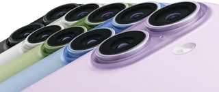 iPhone 17, exterior rear, Fusion dual-camera system, all five colors overlapping: Black, White, Sage, Mist Blue, and Lavender