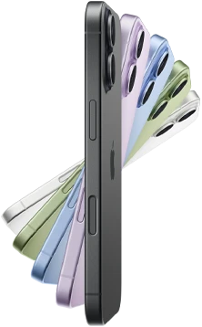 iPhone 17, exterior side, five colors: Black, Lavender, Mist Blue, Sage, and White