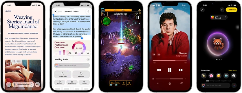 أجهزة iPhone&nbsp;17e جنباً إلى جنب تعرض شاشات مختلفة: لعبة قيد التشغيل، وأدوات الكتابة، وتطبيق Apple&nbsp;TV، وفعالية يتم إنشاؤها في التقويم، ورمز جنموجي يتم إنشاؤه