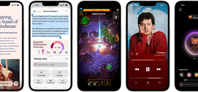 أجهزة iPhone&nbsp;17e جنباً إلى جنب تعرض شاشات مختلفة: لعبة قيد التشغيل، وأدوات الكتابة، وتطبيق Apple&nbsp;TV، وفعالية يتم إنشاؤها في التقويم،