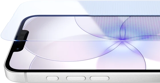 [جهاز iPhone&nbsp;17e، الجزء الخارجي الأمامي مع درع السيراميك&nbsp;2، الجهة الجانبية الخارجية، لون أبيض، الأزرار: زر الإجراءات، زرّا ضبط مستوى الصوت