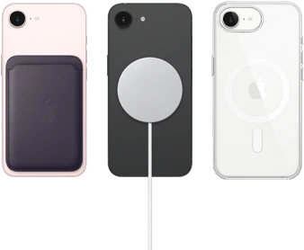 جهاز iPhone&nbsp;17e باللون الزهري الناعم مع محفظة من نسيج محبوك بلون ليلكي ليلي، جهاز iPhone&nbsp;17e باللون الأسود مع حافظة من السيليكون باللون الأسود مع شاحن&nbsp;MagSafe، جهاز iPhone&nbsp;17e باللون الأبيض مع حافظة شفافة مع&nbsp;MagSafe‏‏