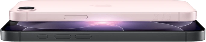 جهاز iPhone&nbsp;17e، الجهة الجانبية والجزء الخارجي الخلفي في الوضع الأفقي، لون زهري ناعم، جهاز iPhone&nbsp;17e، الجهة الجانبية والجزء الخارجي الأمامي في الوضع الأفقي، لون أسود