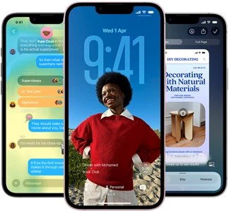 Three iPhone 17e devices, showing Messages app with Liquid Glass design, dynamic Lock Screen, and Visual Intelligence in use