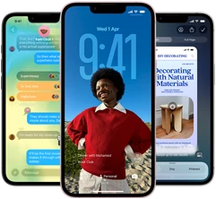 Three iPhone 17e devices, showing Messages app with Liquid Glass design, dynamic Lock Screen, and Visual Intelligence in use