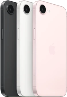 iPhone 17e, side and back exterior, black color, side and back exterior, white color, side and back exterior, soft pink color, Fusion camera at top, side button