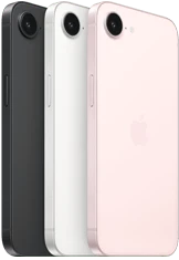 iPhone 17e, side and back exterior, black color, side and back exterior, white color, side and back exterior, soft pink color, Fusion camera at top, side button