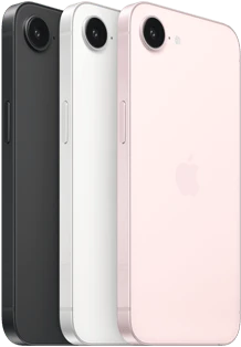 iPhone 17e, side and back exterior, black color, side and back exterior, white color, side and back exterior, soft pink color, Fusion camera at top, side button