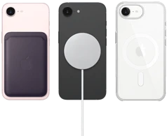 iPhone 17e in soft pink color with FineWoven Wallet in midnight purple color, iPhone 17e in black color with Silicone Case in black color and MagSafe Charger, iPhone 17e in white color with Clear Case with MagSafe