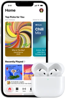 iPhone 17e, front exterior, Apple Music app with Home Screen open, next to AirPods Pro 3 in open MagSafe Charging case